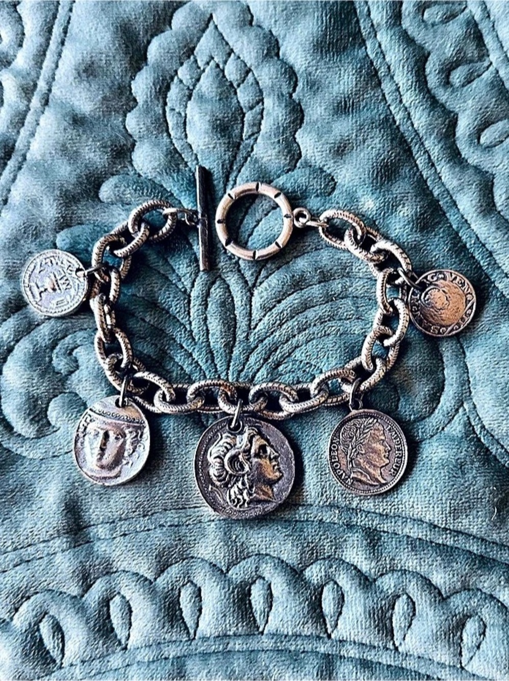 Vintage Silver Tone Link Chain Ancient Coins Charm Bracelet Toggle Clasp